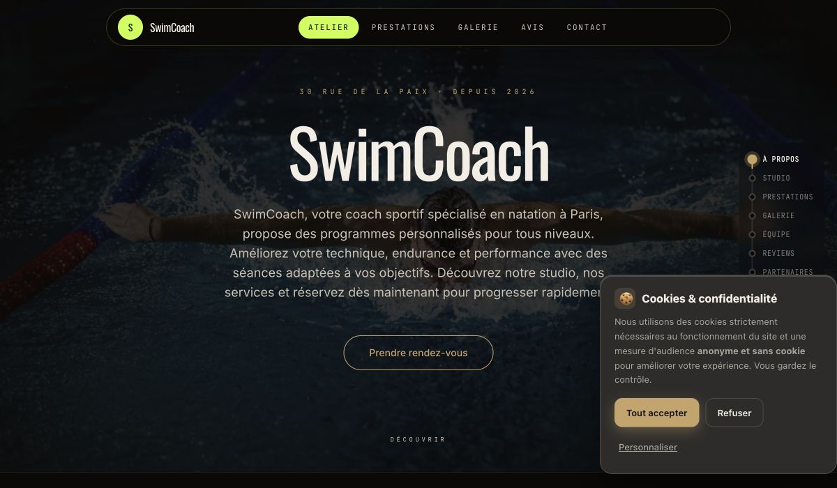 Capture d’écran du site SwimCoach publié avec Lukops
